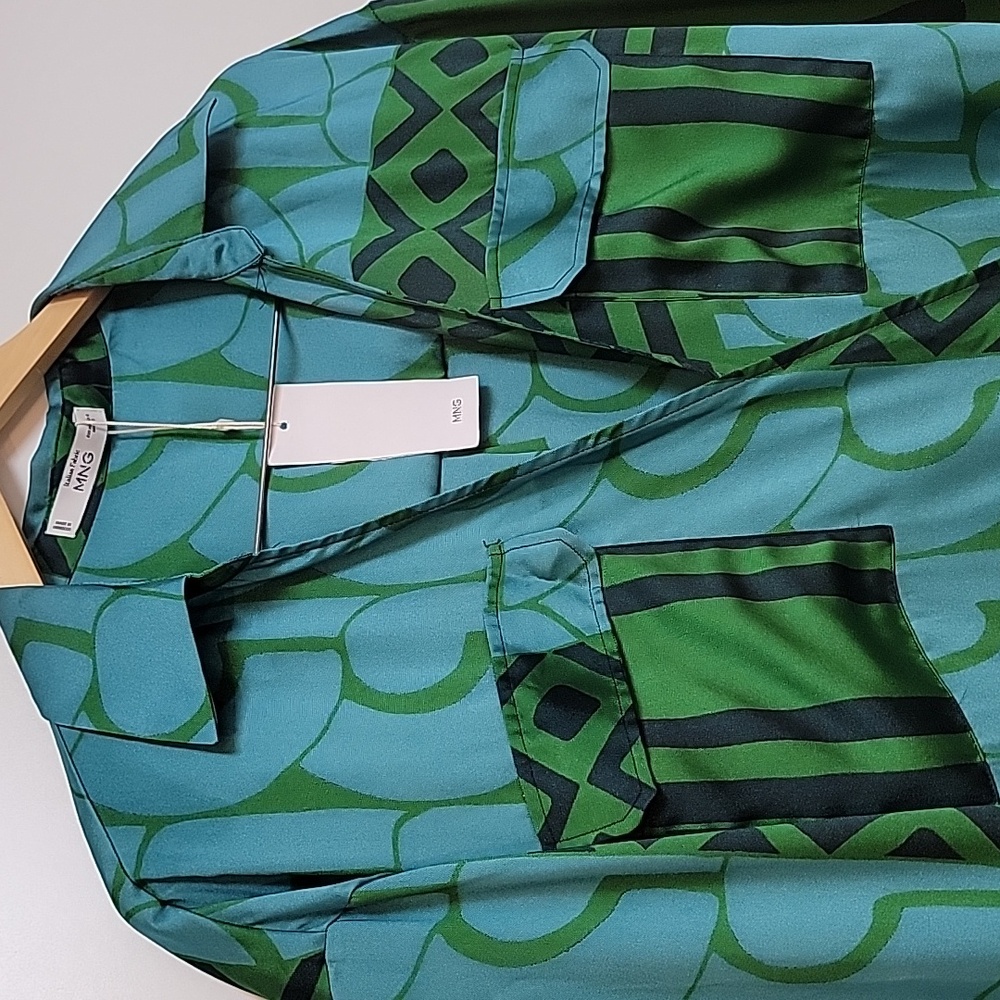 Mango | Green and Blue Wrap Dress with 3/4 Bishop Sleeves for Cocktail - Picture 2 of 14